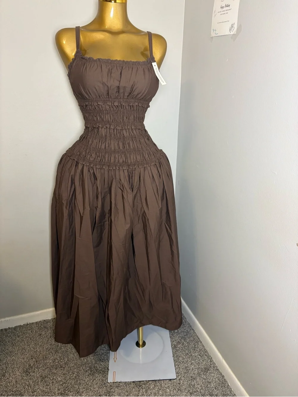 Abercrombie & Fitch Bra-Free Smocked Drop-Waist Maxi Dress in the color Chestnu